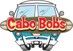 A blue van viewed from the front with a surfboard across the bumper that reads "Cabo Bob's".