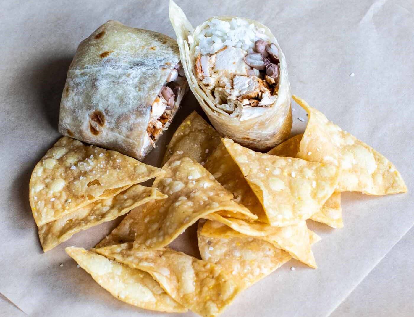 Kids' Menu 2 Kids' burrito and tortilla chips.