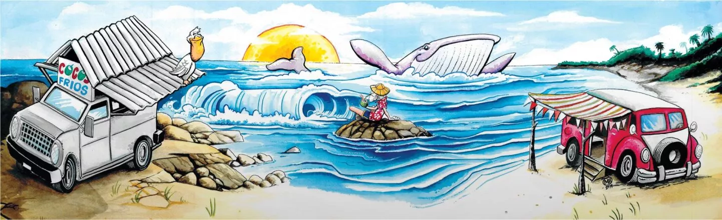 A colorful drawing of the beach with a whale in the water, a person sitting on a rock, and vans on the beach.
